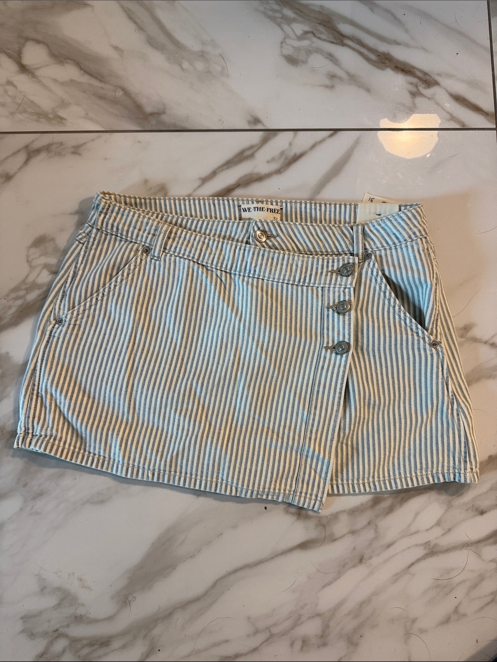 We The Free Blue and White Striped Button-Front Mini Skirt